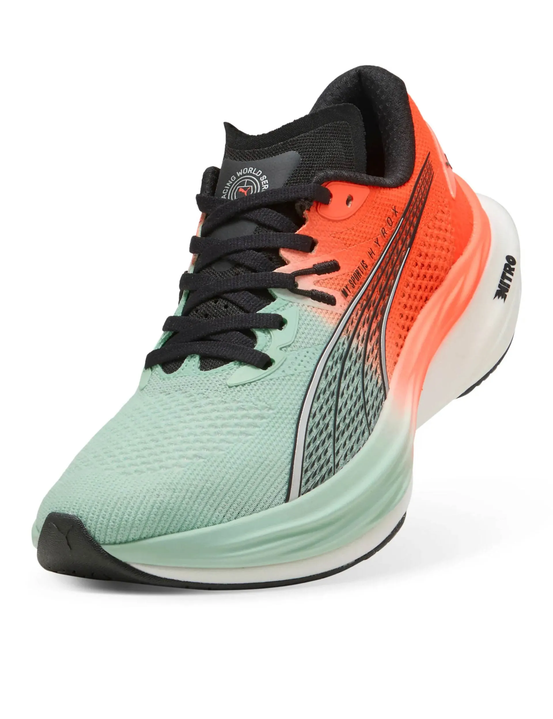 Puma x Hyrox Deviate NITRO 3 Running Shoes - Mint Melt/Glowing Red running in a salt flat area shoes