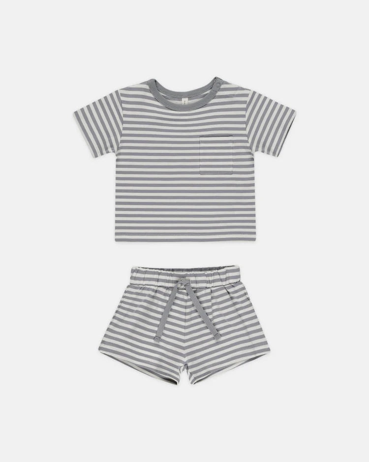 Matte finish kids' clothes Quincy Mae Pocket Tee & Short Set - Blue Stripe