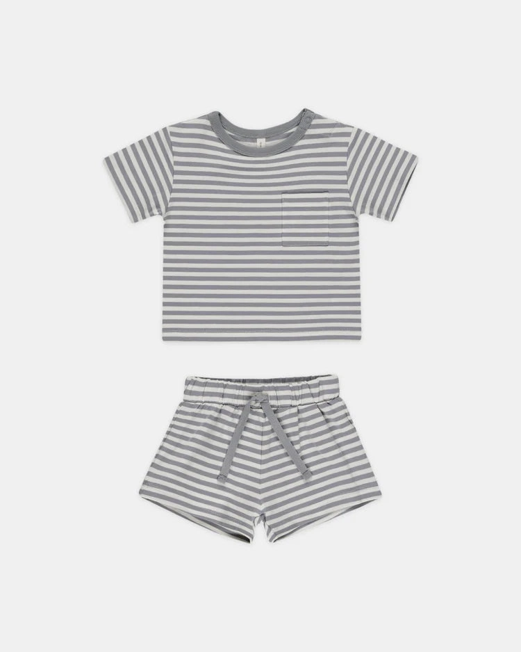 Little boy Quincy Mae Pocket Tee & Short Set - Blue Stripe