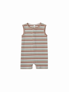 Quincy Mae Ribbed Henley Romper - Summer Stripe nylon Pre - teen