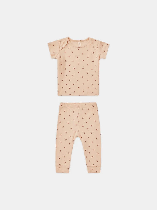 Quincy Mae Ribbed Short Sleeve Tee and Leggings Set - Strawberries Active - wear windproof