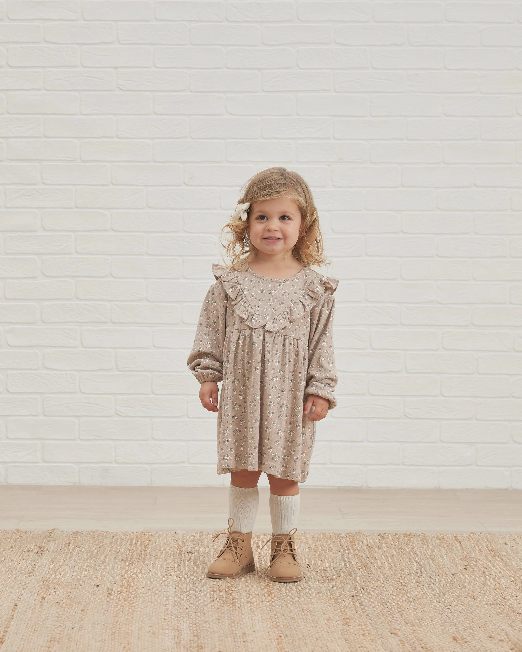 Retro Family gathering clothes for kids Quincy Mae Truffle Floral Long Sleeve Ruffle V Dress