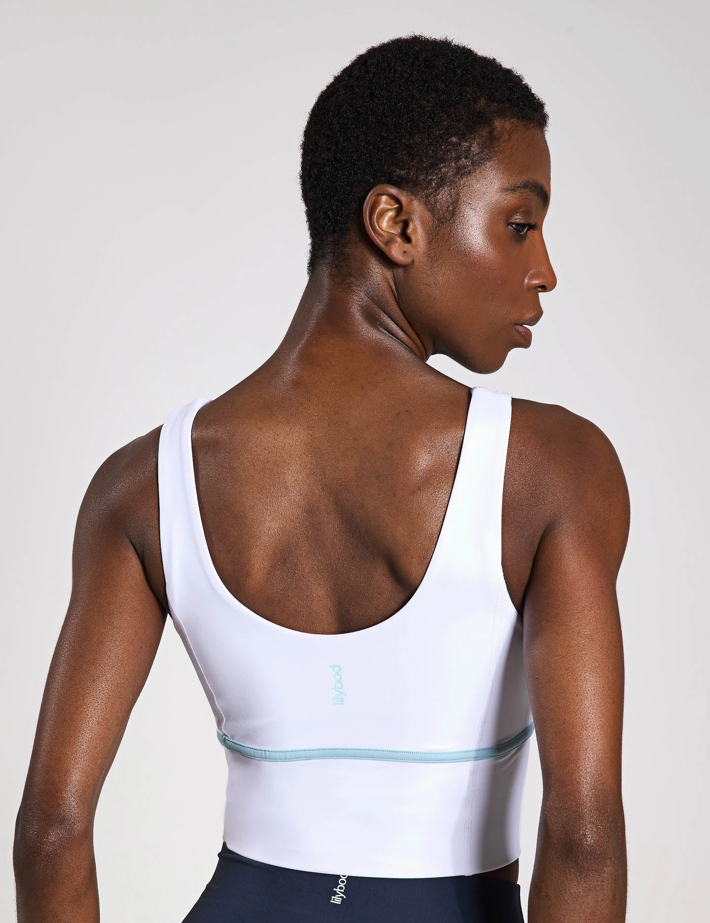 Ava Sports Bra - White/Light Blue Airflow channels Stretchy Support