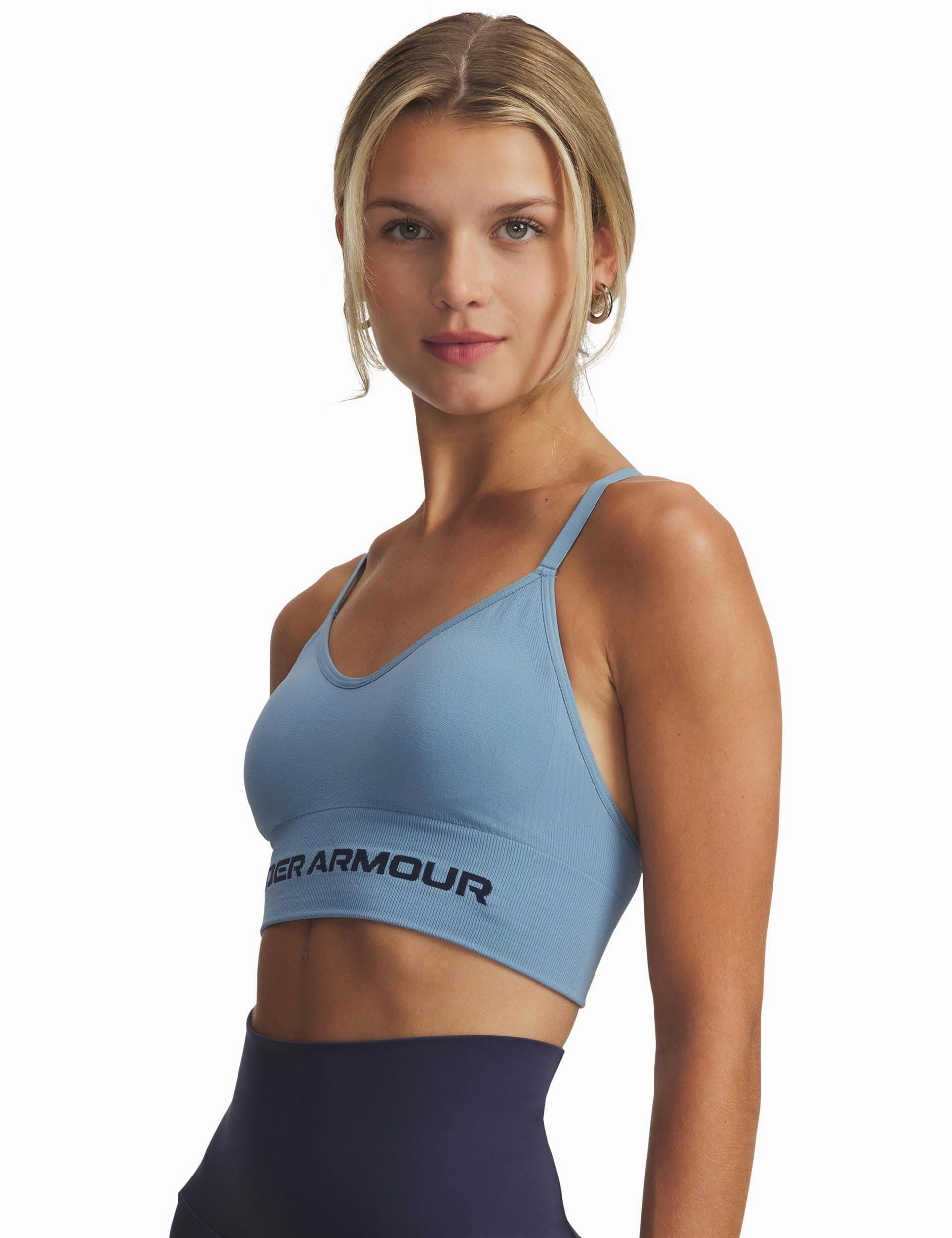 Vanish Seamless Low Sports Bra - Blue Smoke/Washed Navy topstitching elastic waistband