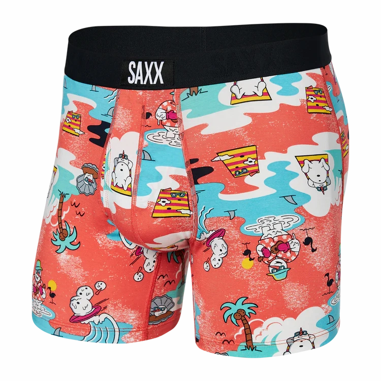 MEN'S SAXX ULTRA SUPER SOFT BOXER BRIEF DESIGN: Snow Days- Hot Coral Green Fit
