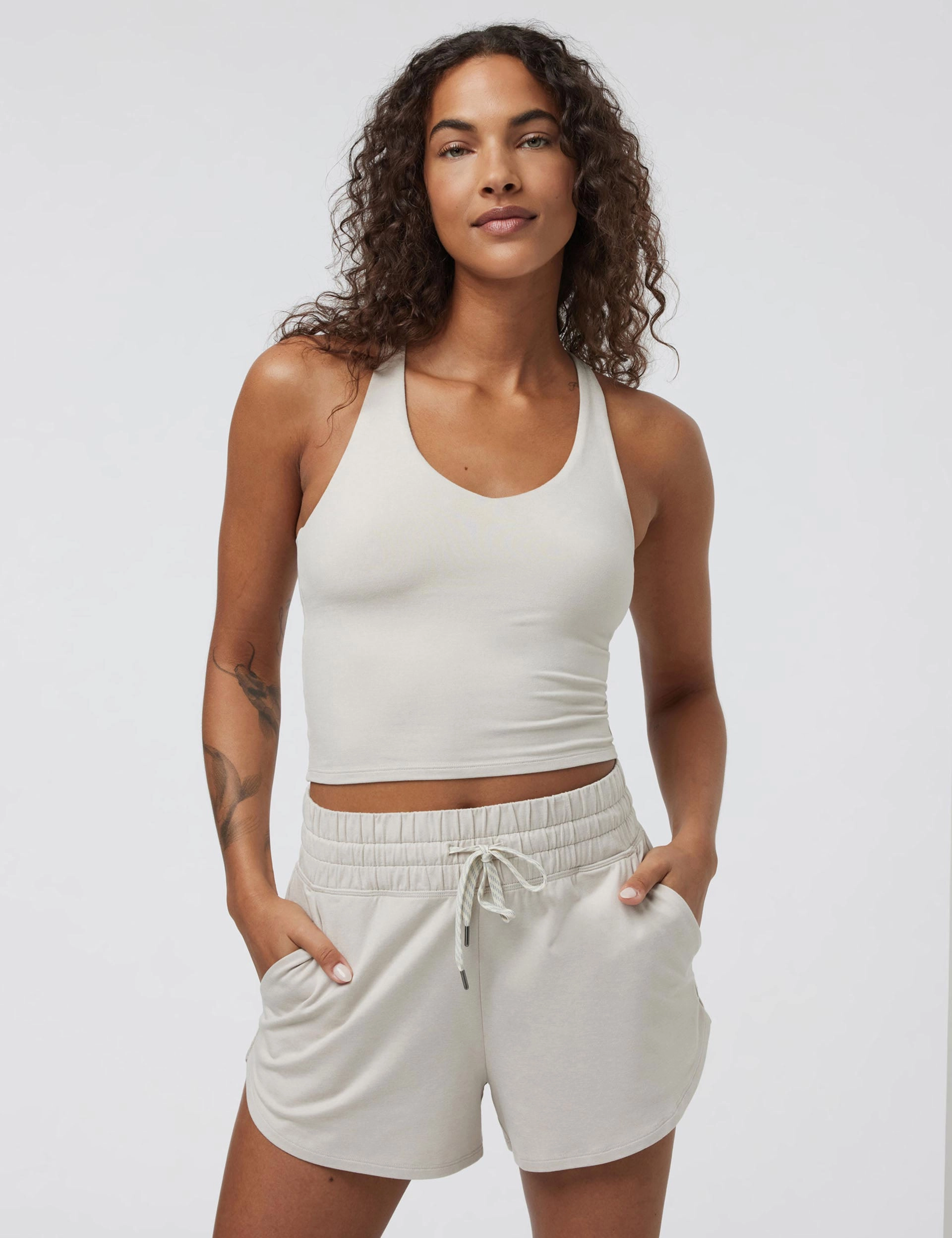 Halo Performance Crop 2.0 - Ecru Heather Flattering Drape Multi Directional Mobility