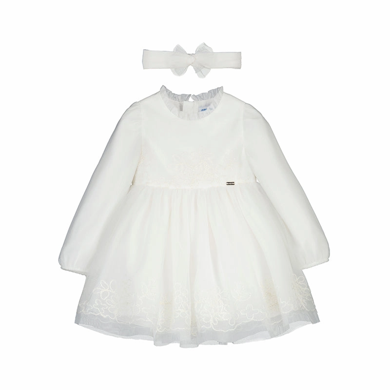 Mayoral Tulle Embroidered Dress with Hairband - Natural All - Purpose Piped