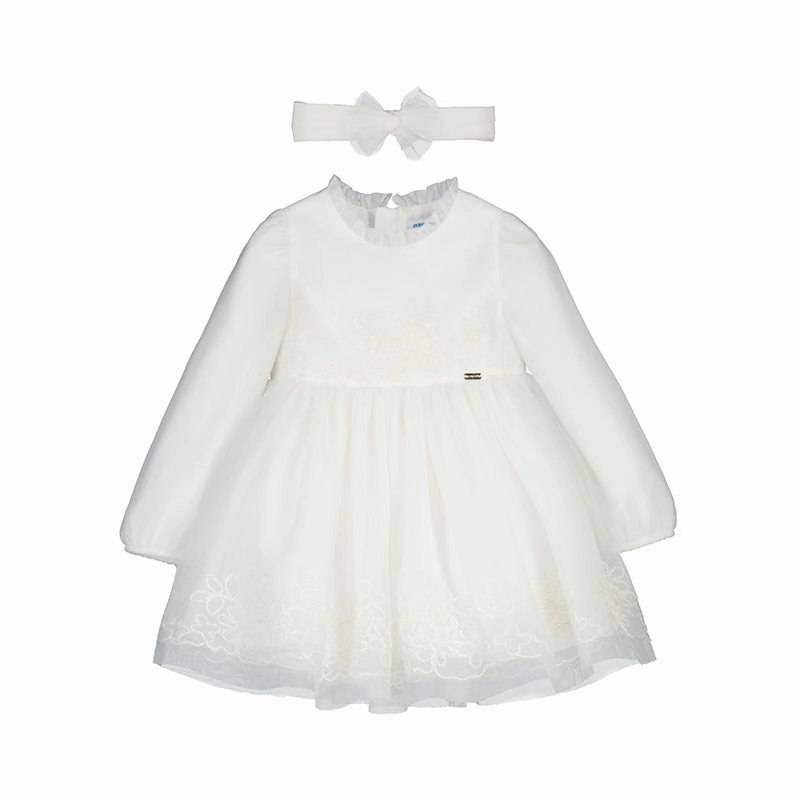 Mayoral Tulle Embroidered Dress with Hairband - Natural Floral kids' apparel Naughty