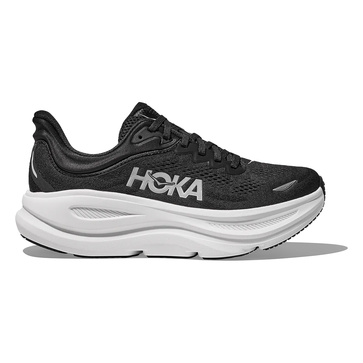 Hoka Bondi 9 Black - White Cross Ventilation Channels running in flat terrain shoes