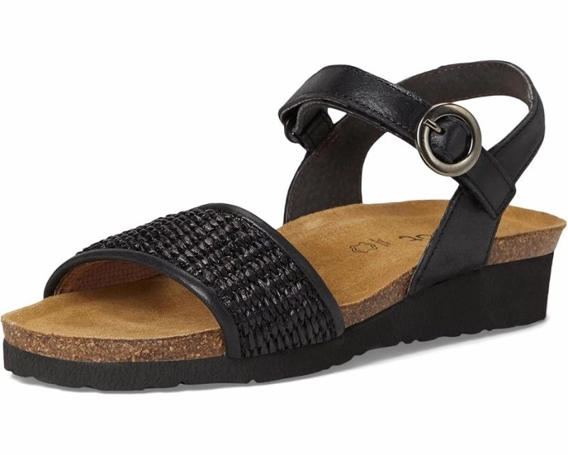 british retro Sunset Scene Naot Women's Cecile - Shiny Black/Black Raffia
