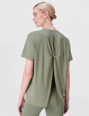 Soft Flow Studio Wrap Back T-Shirt - Willow Green Double Stitched Hems