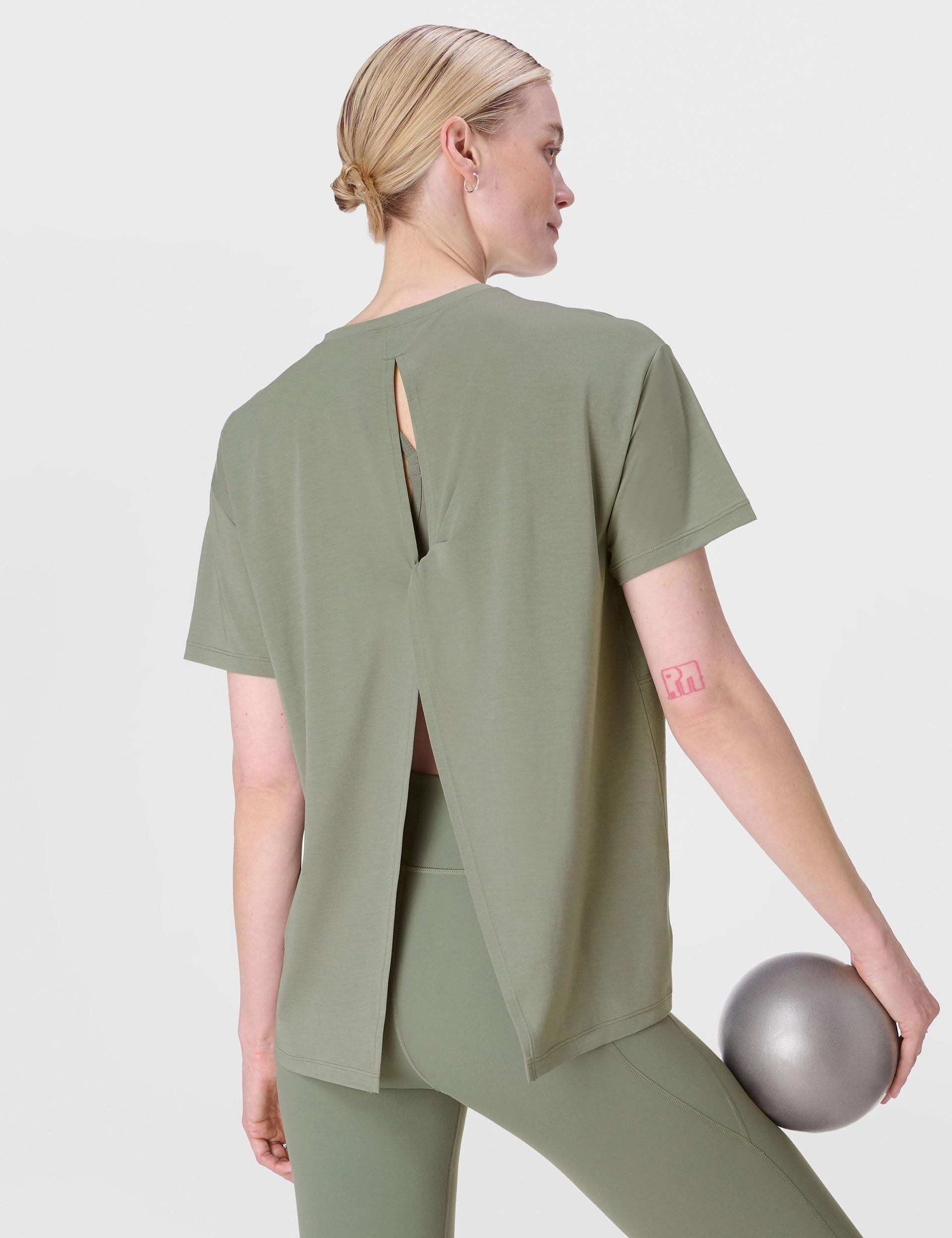 Soft Flow Studio Wrap Back T-Shirt - Willow Green Scoop Neck Shape