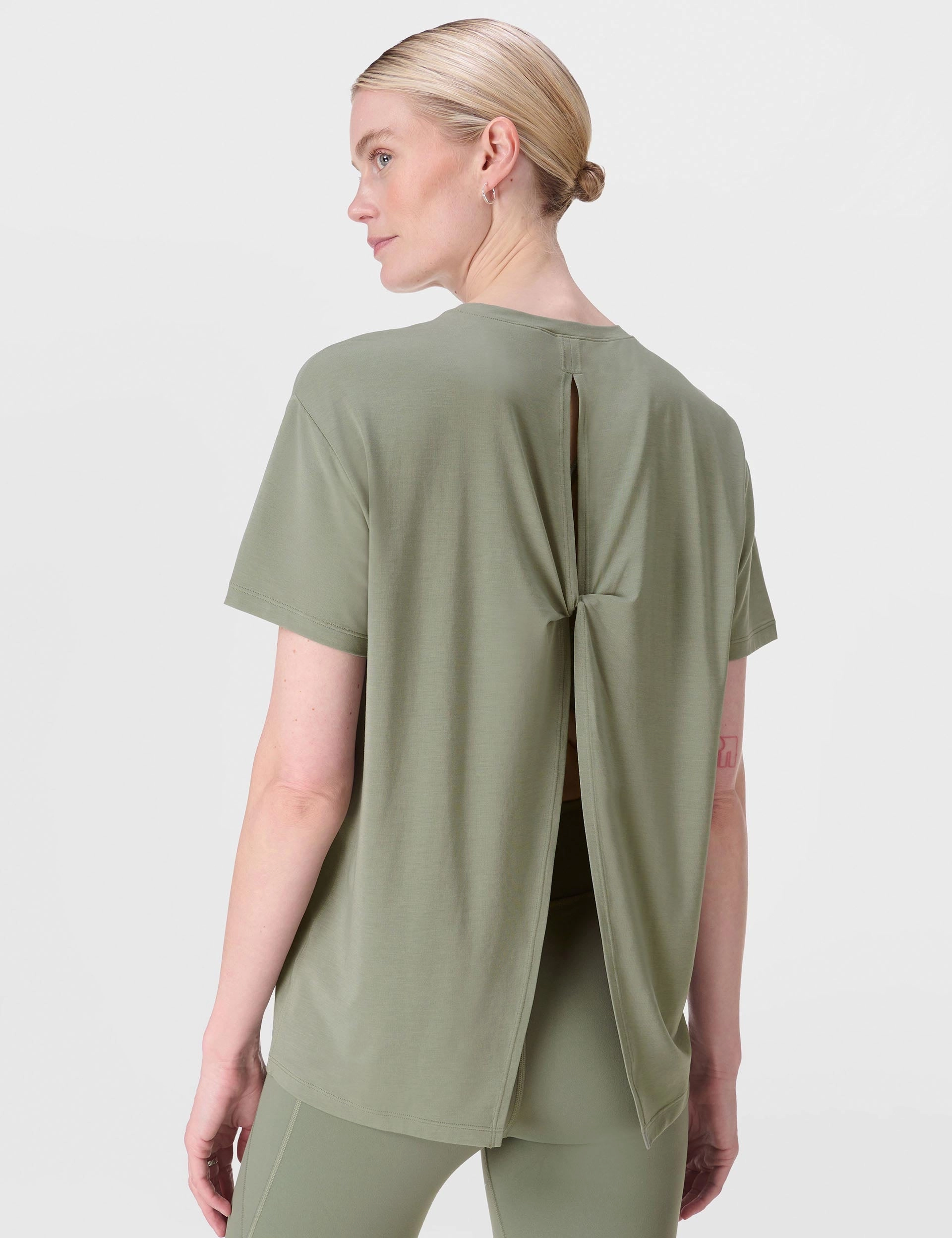 Soft Flow Studio Wrap Back T-Shirt - Willow Green Double Stitched Hems