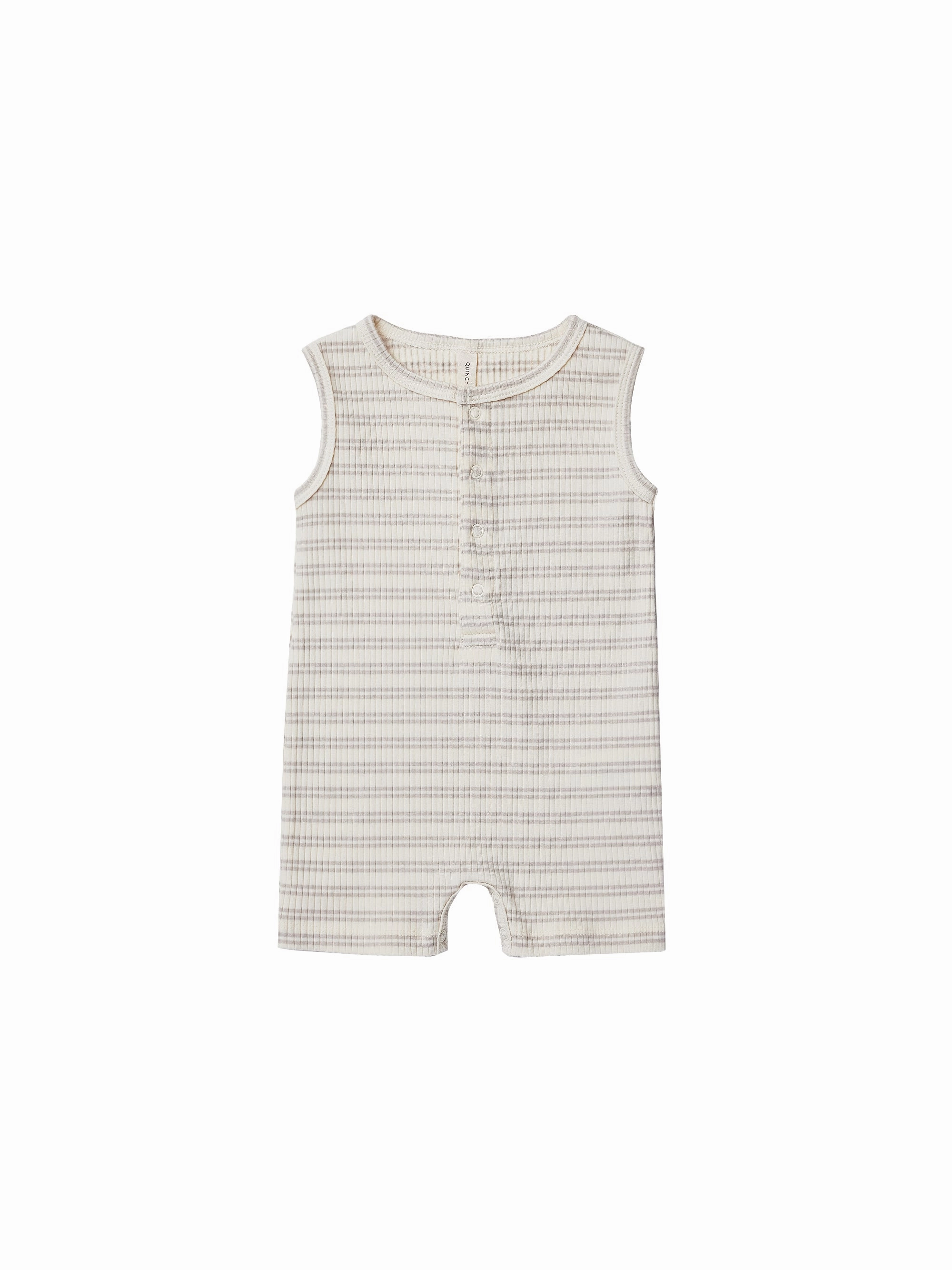 Quincy Mae Ribbed Henley Romper - Silver Stripe Retro