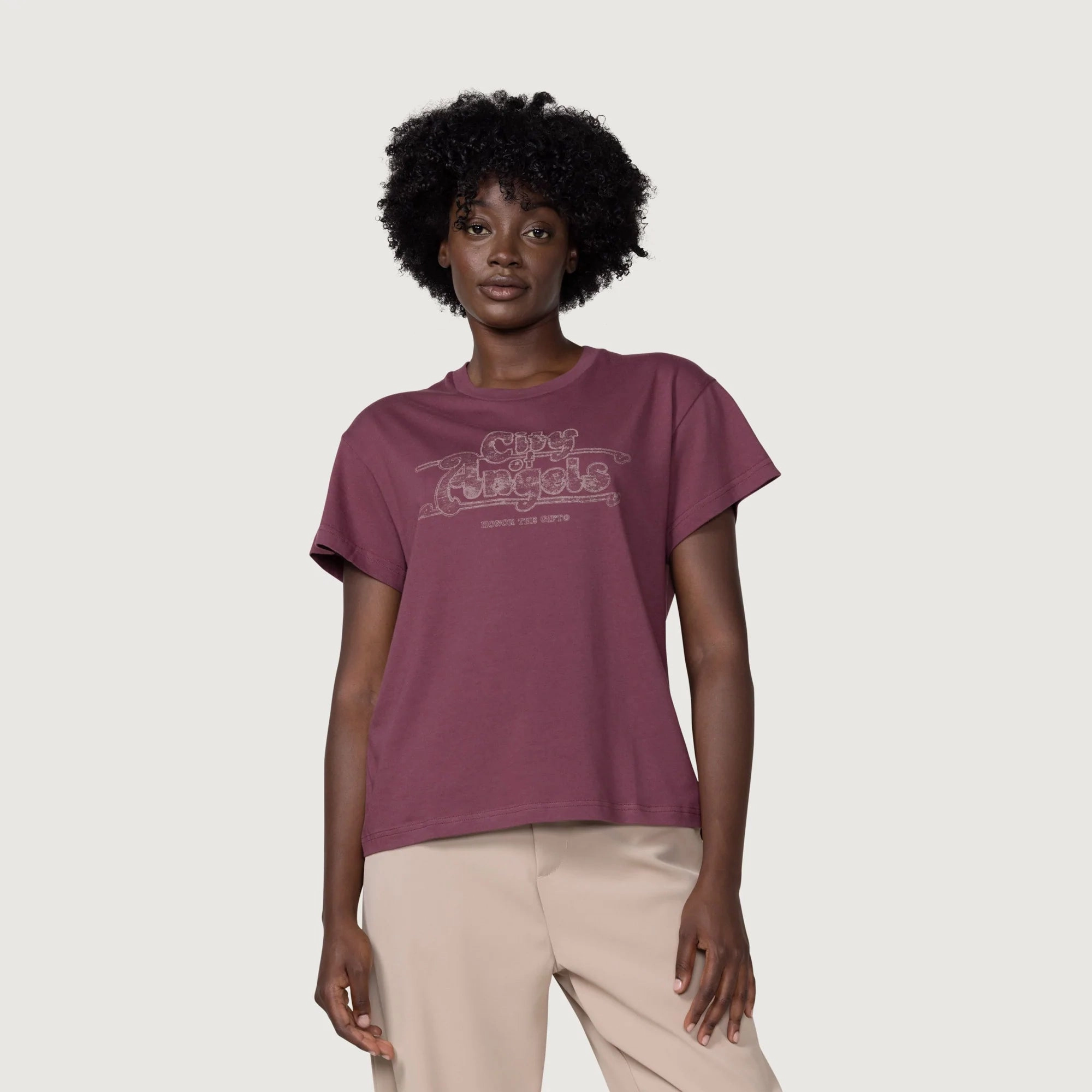 HighCollar Style Womens Honor The Gift Los Angeles T-Shirt 'Burgundy'