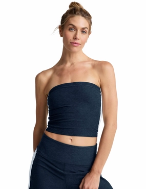 Layered Hem Detailing Sun Protection Fabric Spacedye Strapless Stripe Top - Nocturnal Navy/Cloud White