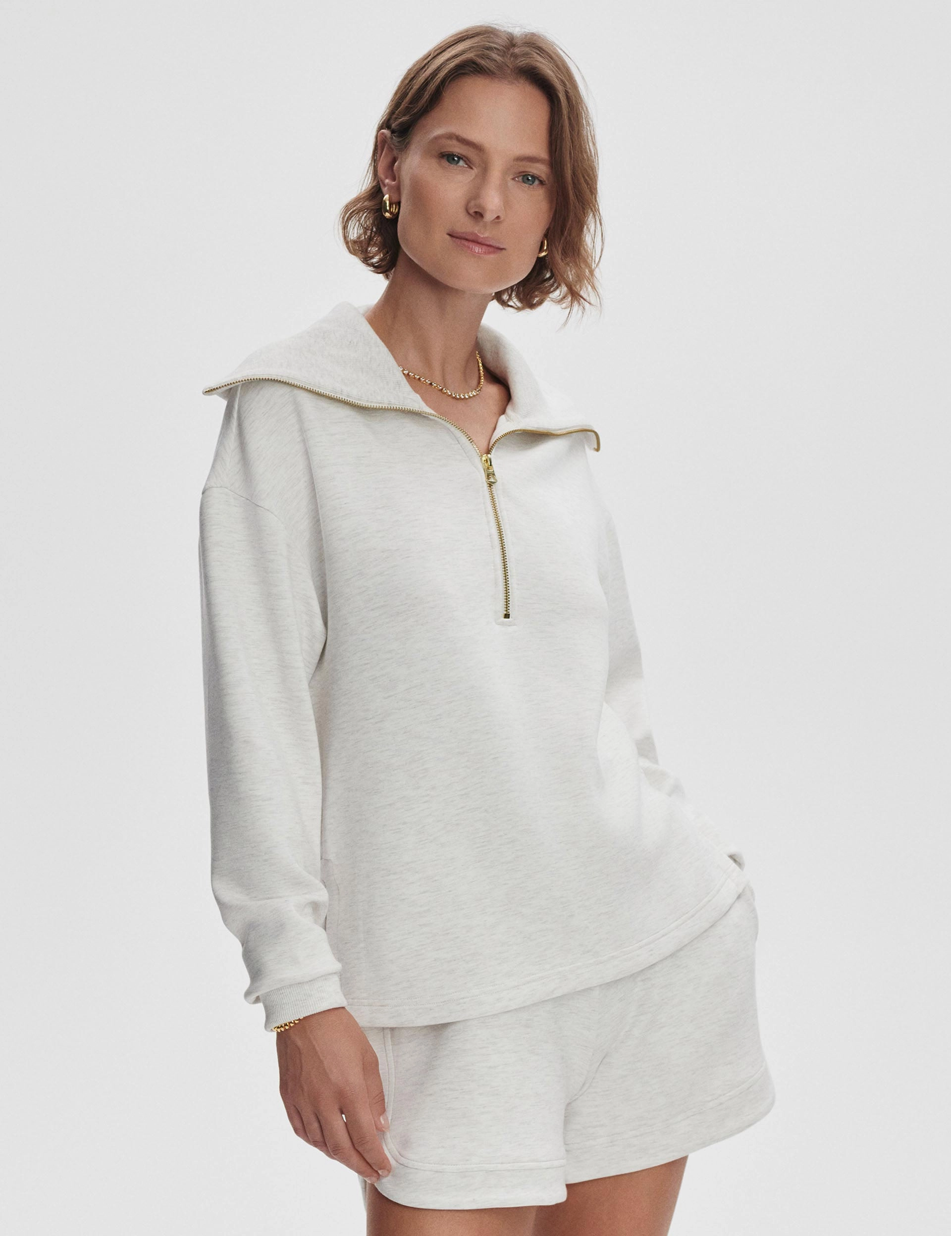 Zip Up Style Larson Half-Zip Sweat - Ivory Marl