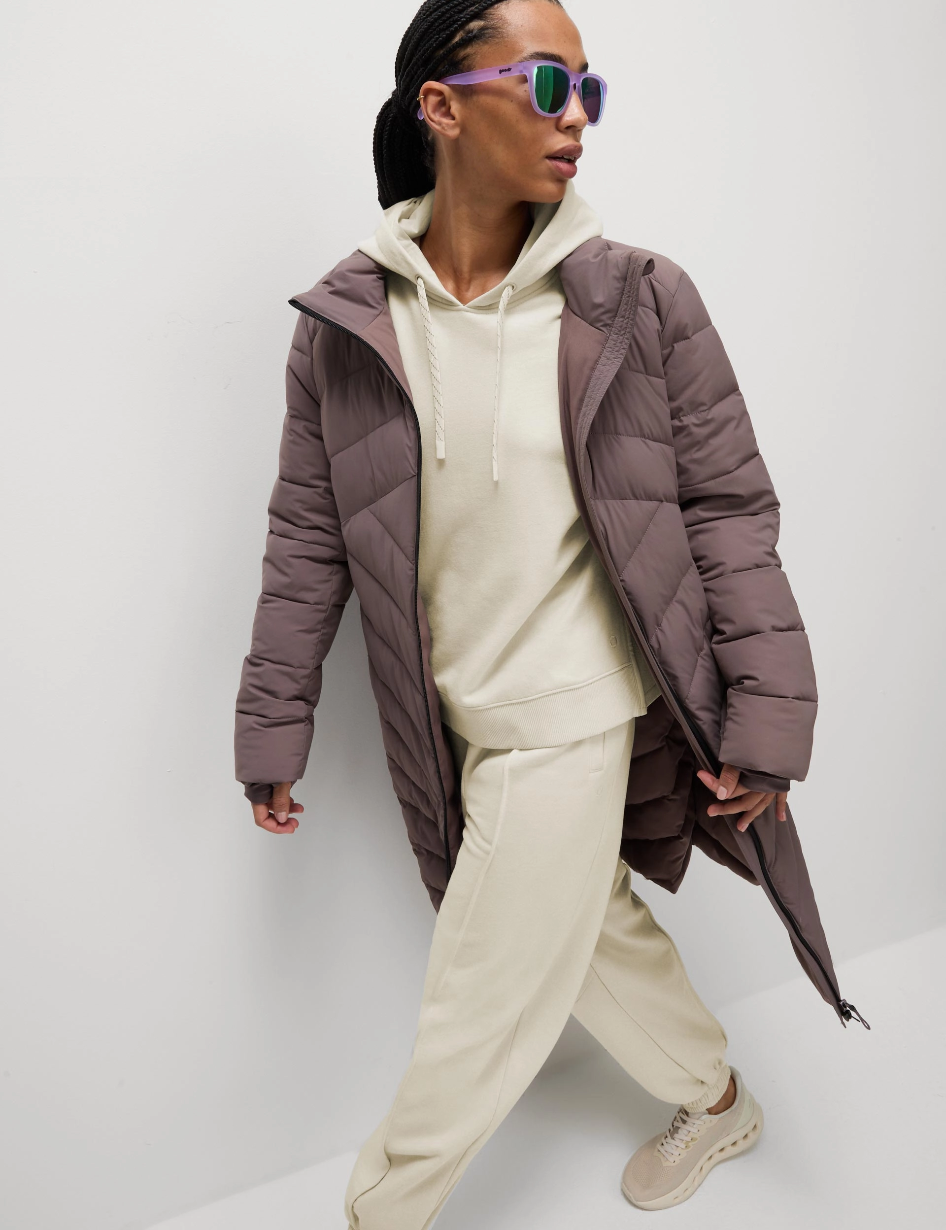 Cotton Rich Mesh Panel Relaxed Hoodie - Ivory stretchy texture Hidden Pocket