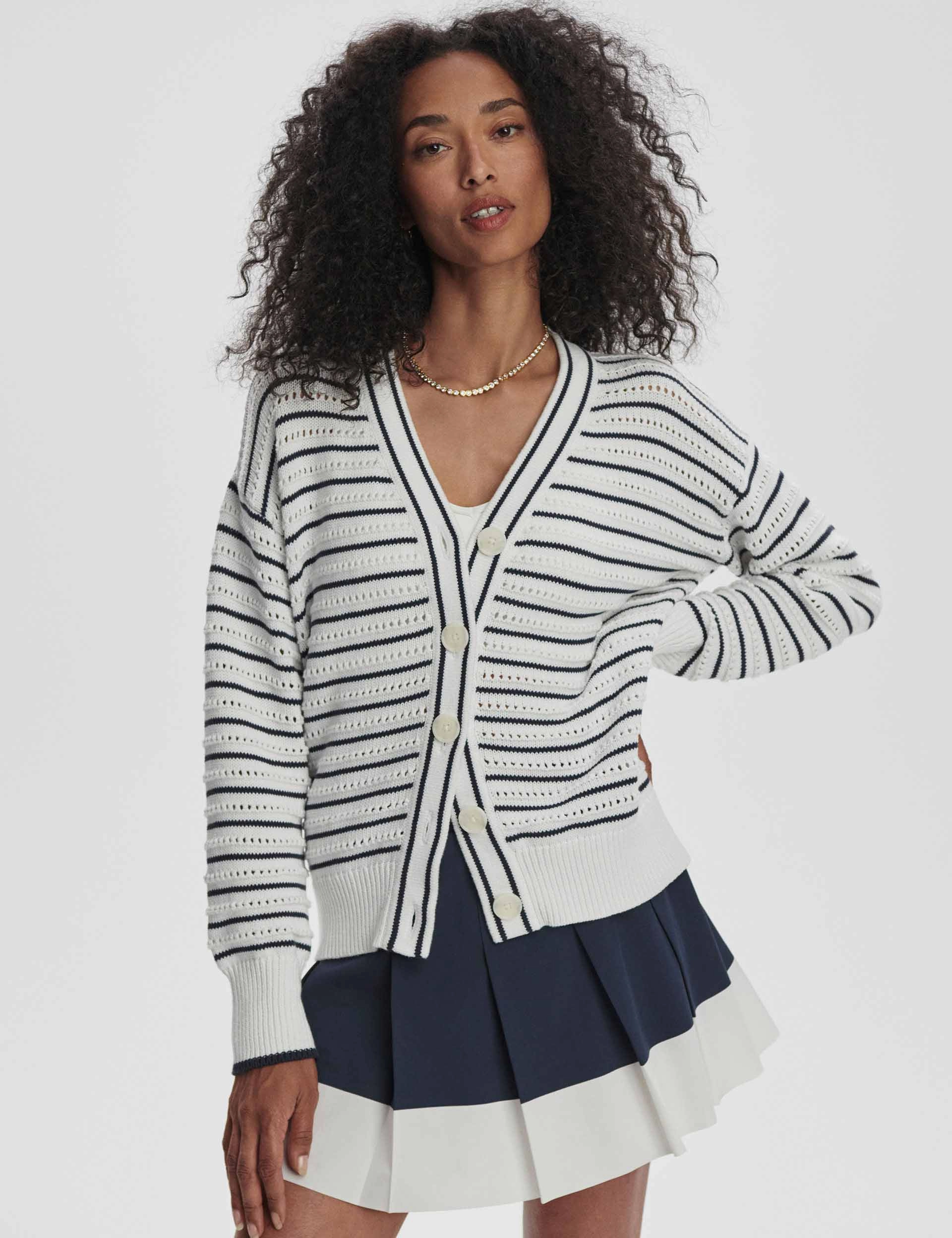 QuickRelease Antonia Relaxed Cardigan - White/Blue Nights