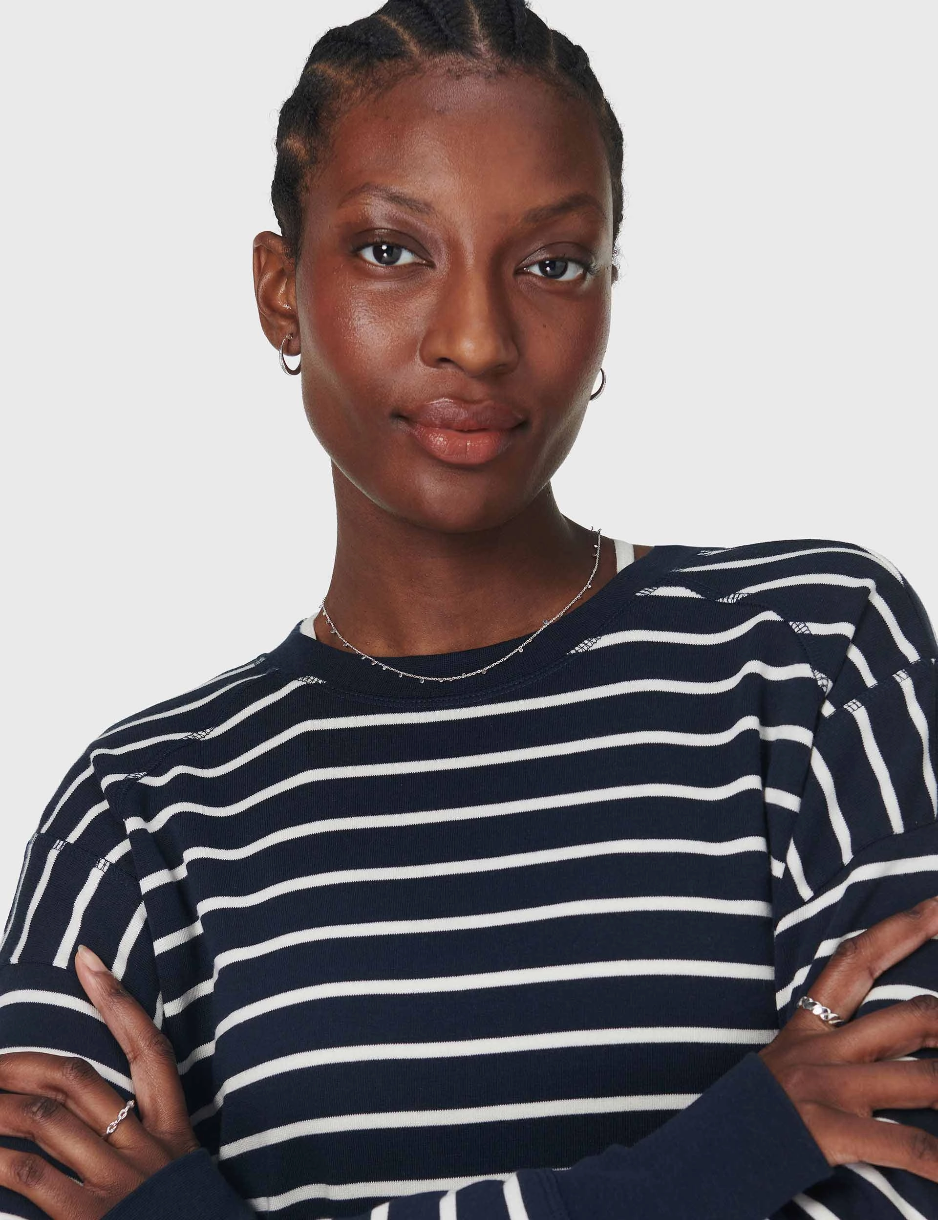 Raw Linen After Class Crop Sweatshirt - Navy White Stripe