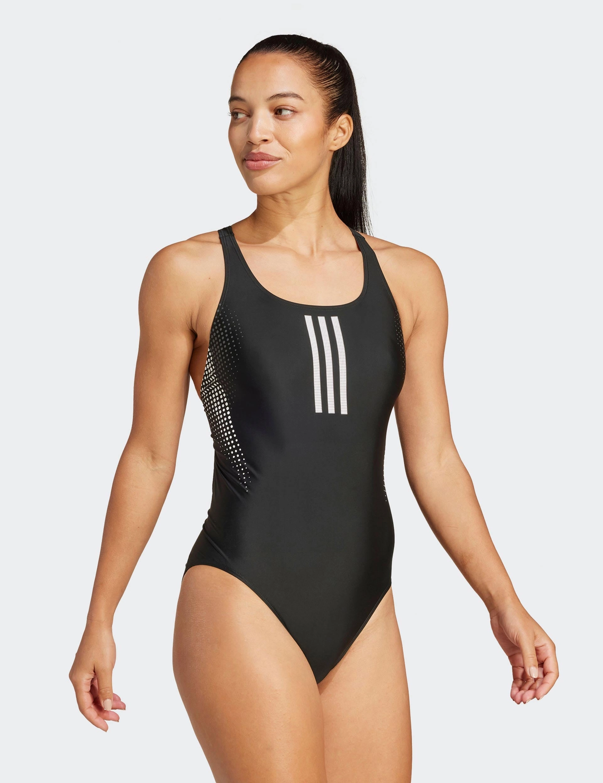 3-Stripes Graphic V-Back Swimsuit - Black Adjustable Straps Anti Slip Grip Texture