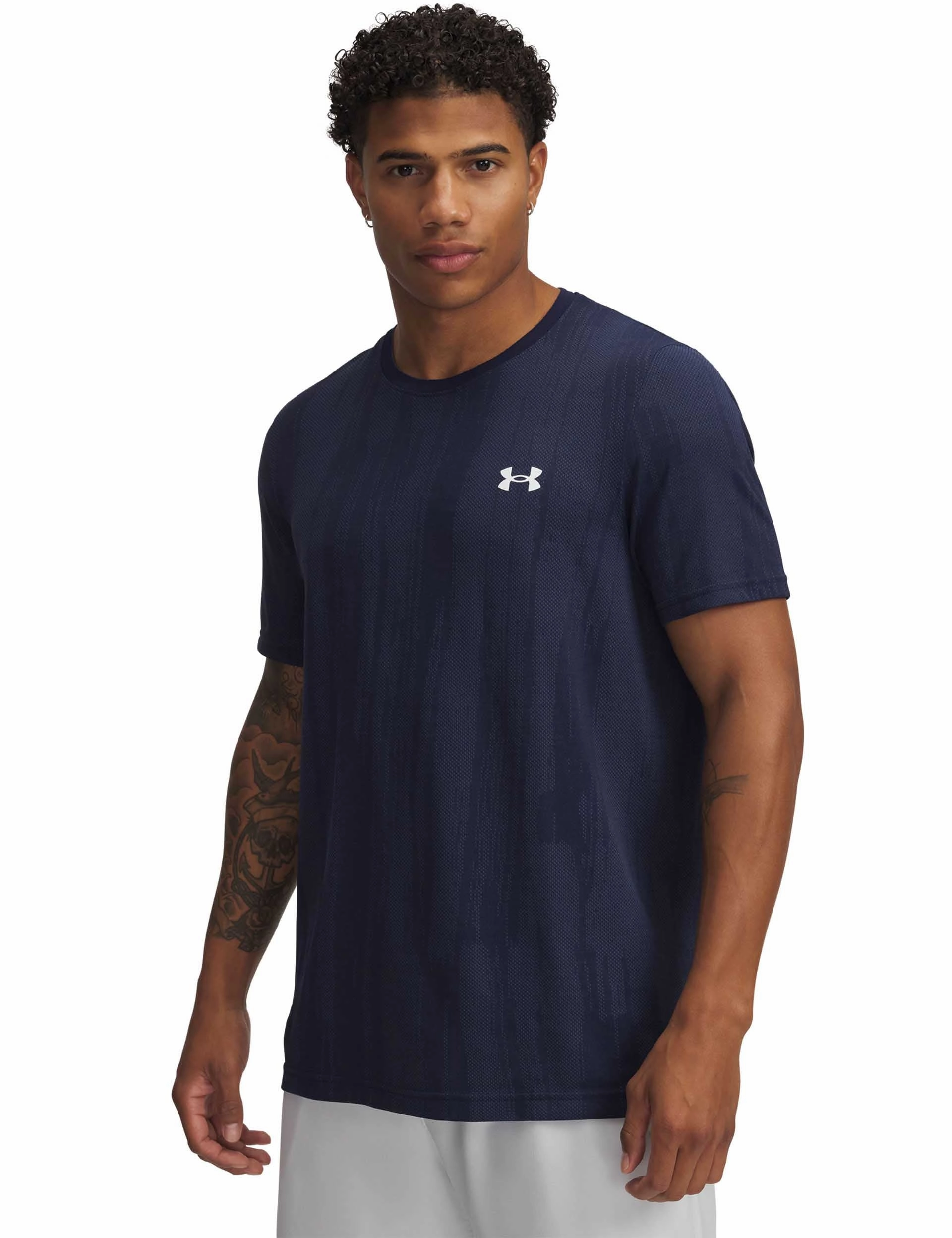 Stretchable Fabric Vanish Seamless Novelty Short Sleeve - Midnight Navy/White