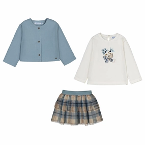 Mayoral 3pc Skirt Set - Blue Bell Plaid/Flowers odor - resistant Furry