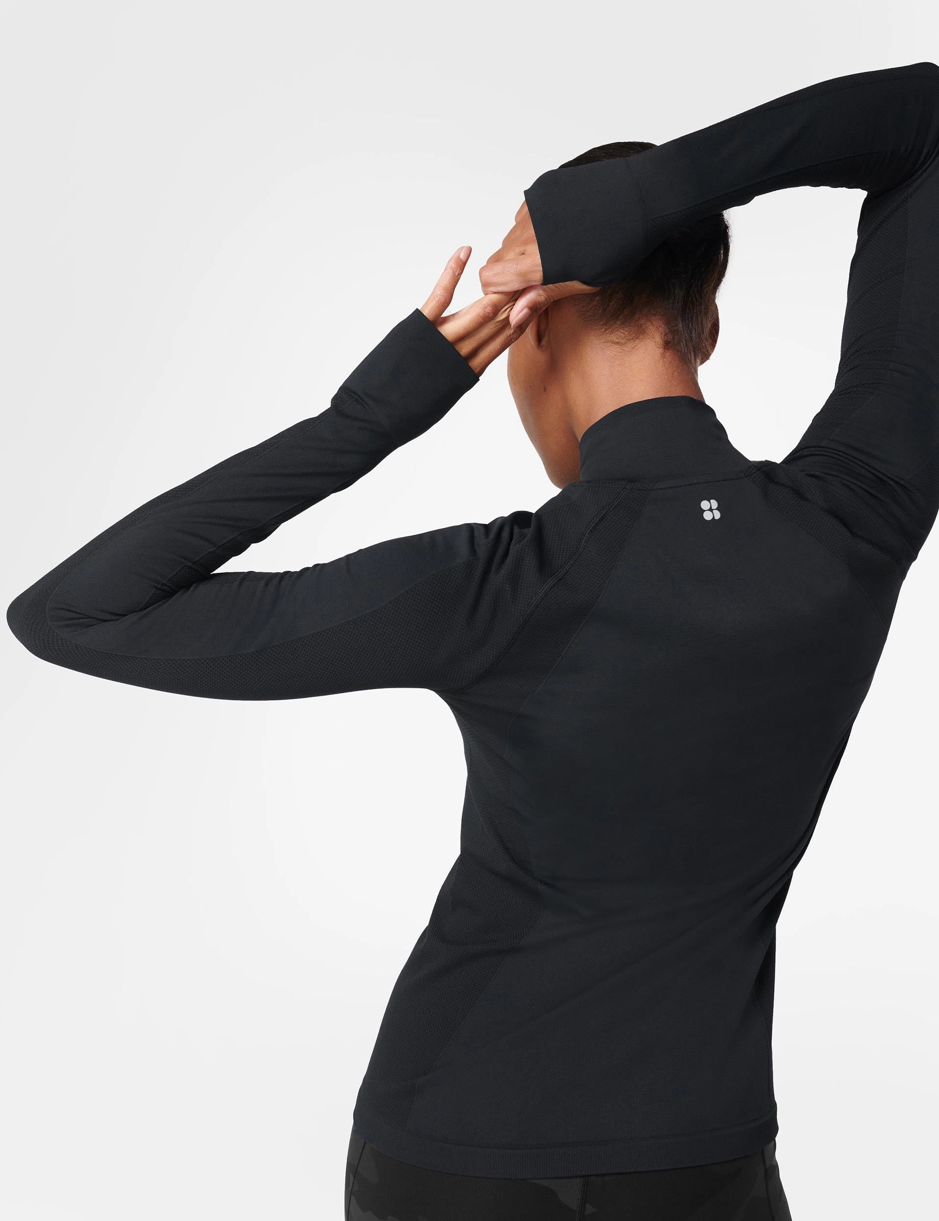 Thermal Insulation Breathable Material Athlete Seamless Half Zip Long Sleeve Top - Black
