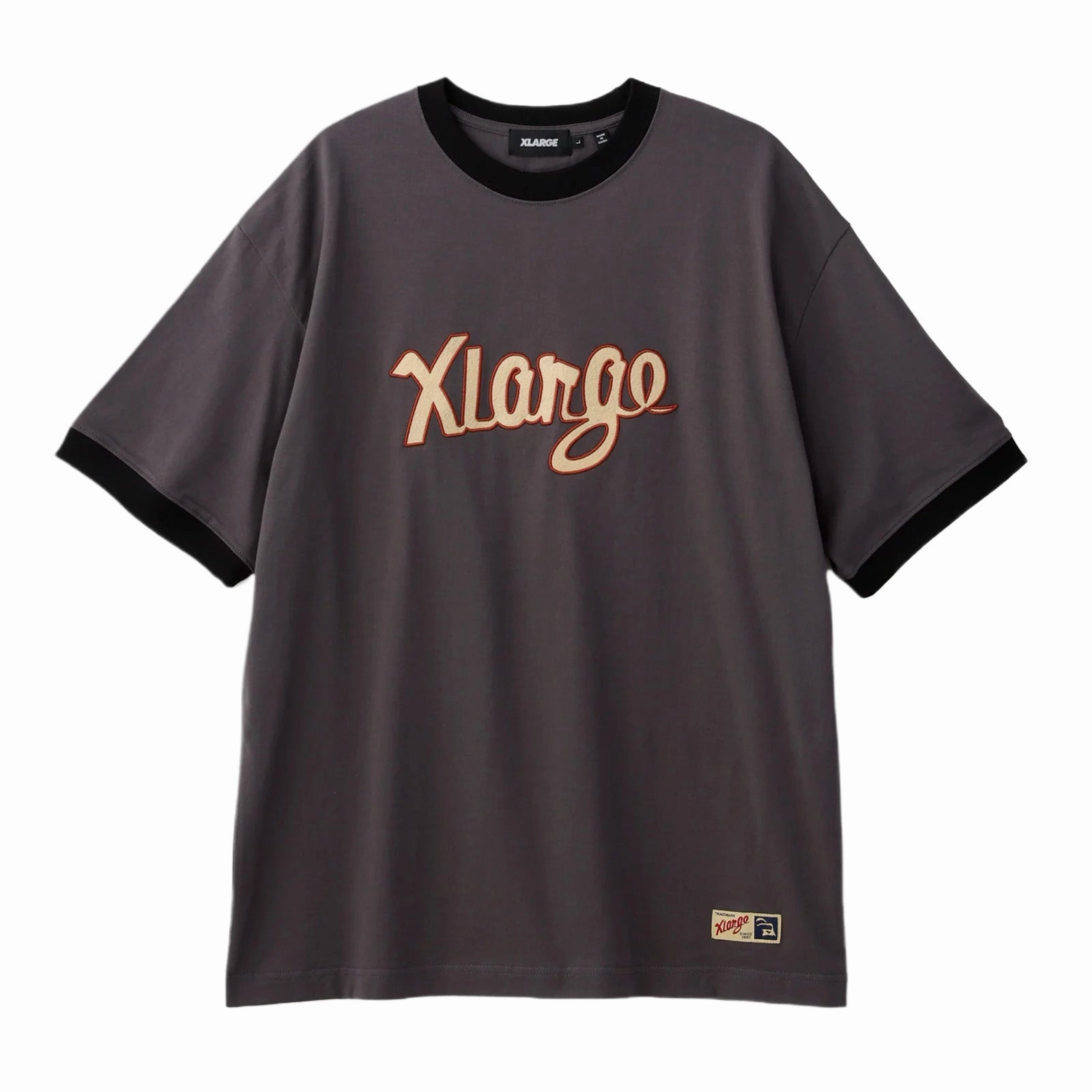XLarge Retro Script Ringer S/S Tee 'Charcoal' HeatReflective Lining Organic Cotton