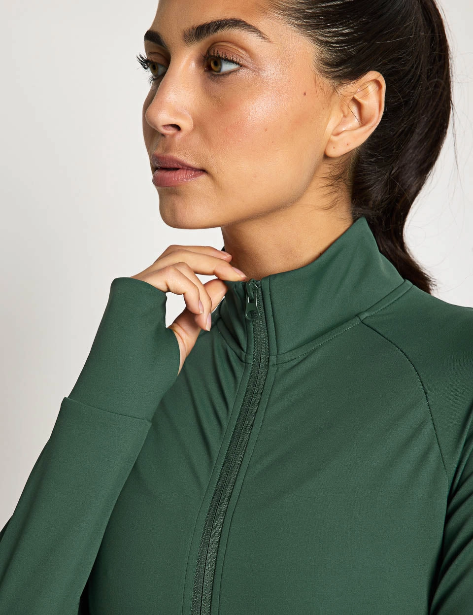 Zuri Contoured Zip Thru Top - Deep Green Low neck Fashionable Trend